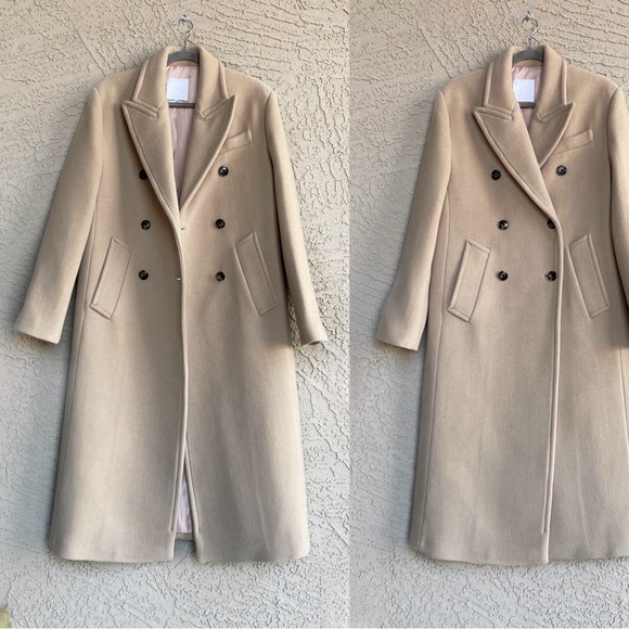 MANGO NWOT Neutral Camel Beige Long Double Breasted Virgin Italian Wool Coat S - Picture 5 of 16
